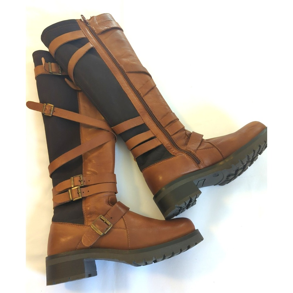 MIZ MOOZ Peri Brown Leather Knee High Riding Boots Strappy Buckles US 5.5-6 (36)